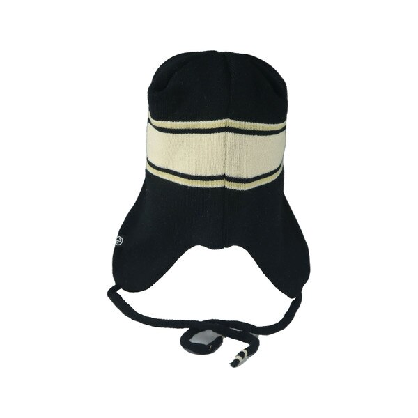 Back view of black trapper hat with cream and gold stripe detail and knit ties.